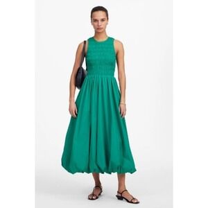 Madewell Dress Large Melody Smocked Midi Verdant Green Poplin Bubble Hem NT311